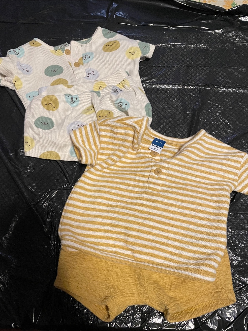 Old Navy Yellow & White Striped Baby Romper Set / Smiley Print set